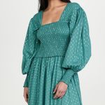 Abacaxi Eva Dress Teal Metallic Cotton Maxi Puff Sleeve Smocked Bodice Sz Large Green Photo 6