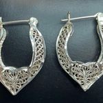 925 Sterling Silver Lace Filigree Heart Hoop Earrings Photo 0