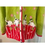 VTG Berek Cow Print Cardigan Sweater Floral Appliqué Farm Art to Wear Teacher XL Green Photo 3