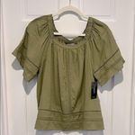 Liverpool Cropped Bell Sleeve Woven Top Lace Trim Small Eucalyptus Green Blouse Photo 1