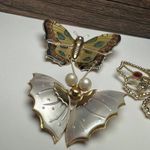 Butterfly Insect Gold Tone Brooch Pin Lot Of 3 Enamel Rhinestone & MOP Mix Photo 8