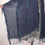 Sheer Navy Blue with green stripes boho fringe scarf Photo 1