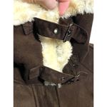 EXPRESS  VTG Faux Suede Fur Brown Moto Bomber Jacket Womens S Zip Buckles Y2K Photo 4