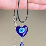 Handmade hippie funky boho style Evil Eye lamp work glass bead & Czech glass leaf bead unisex necklace👁💙🍃 Photo 0