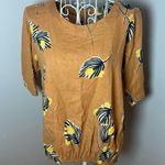 Bel Kazan Anthropologie Linen Blend Floral Print Blouse Women's Size S Mustard Yellow Photo 0