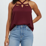 EXPRESS  Burgundy Crisscross Neck Cami Tank Top Size Medium Photo 0