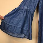 Gap Denim Women’s Chambray Blue Ruffle Flare Sleeve Split Neck Blouse Photo 2