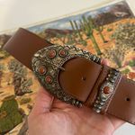 None Vintage 90s Saffron Made in Italy Brown Genuine Leather Stone Buckle Belt M Photo 1