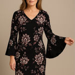 MSK Bell Sleeve V Neck Dress White and Black Medium Photo 0