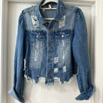 Elan Frayed Distressed Blue Denim Jacket with Slight Crop, Size Large Photo 0