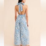 Free People  FP Women’s Kira Halter Neck Wide Leg Jumpsuit Blue White Print Photo 5