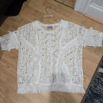 Yoana Baraschi Anthropologie  Top White Lace‎ Crochet Fringe Trim Short Sleeve S Photo 2