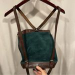 Handmade Groovy Aztec rainbow stitched green suede chocolate leather bucket backpack bag Photo 9