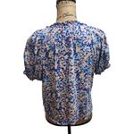 Wonderly  Floral Print Blouse Blue Peach Short Sleeve Tassel Tie Neck Top‎ Large Photo 1