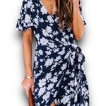 VICI More Sun Days Blue Floral Wrap Mini Dress Vneck Short Sleeve Size Medium Photo 0
