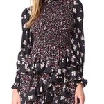 Rebecca Taylor  Ruffled Long Sleeve Silk Smocked High Neck Black Floral Dress Photo 0