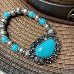 Western women’s faux turquoise and silver stretch bracelets. Blue Photo 0