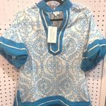 Ivy House Boutique Blue White Medallion Print Tunic Top Short Sleeve Collar Photo 0