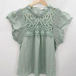 Mine Top Women MEDIUM NWT Mint Sage Green Short Sleeve Ruffle Neck Lace Yoke Photo 0