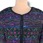 Vintage Collarless Beaded Silk Evening Jacket Black Purple Teal Sequin Elegant Size 14 Photo 1