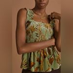 NEW Anthropologie Smocked Velvet Babydoll Top Womens XL Green Fall Foliage Print Photo 3