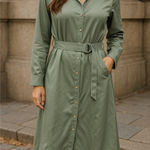 French Connection  XS Satin Shirt Dress Green Belted Midi‎ Long Sleeve NWT Photo 0