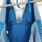 VM Size L Swimsuit One Piece Blue Stripe Ruched Panels Triangle Halter Top Size L Photo 4