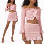 Alexander Wang Pink Ruffled Seersucker Off-Shoulder Crop Top and Mini Skirt Set Photo 1