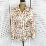 ZARA  Satin Floral Print Ruched Sides Blouse Cream Pink Small Button Front Photo 4