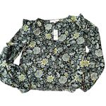 Loft xs ruffle blouse crewneck navy green paisley print floral black boho Photo 1