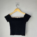 ZARA  Trafaluc Off the Shoulder Black Ribbed Short Sleeve Lettuce Hem Crop Top Photo 2