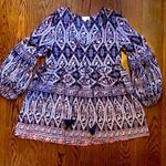 Velzera  Split Neck Tunic Tapestry Pattern Balloon Cuff Sleeves Tassels Sz SM Photo 1