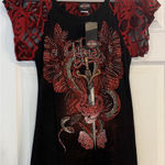 Harley Davidson NWT T-Shirt MED Black/Red Sequins Sword Rose Spider Web Witchy Photo 0