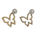 Butterfly Gold Tone Diamond & Pearl Earrings Photo 0
