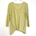 J.Jill Linen Blend Top Chartreuse Green V-Neck 3/4 Sleeve Crochet Asymmetrical Photo 1