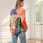 Yesno Button Down Oversized Cotton/Wool Blend Boho Patchwork Print Cardigan Photo 1