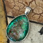 Handmade Green Glitter & Real Snakeskin Accent Tear Shaped Necklace on a 20” chain Photo 2