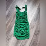 Pretty Little Thing  Ruched Green Mini Dress Bow Tie Shoulders NWOT 4 Photo 1