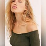 Free People  Textured Long Sleeve Crop Top Olive Green M/L Stretchy Waffle Knit Photo 2