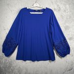 Dennis Basso Dennis by Blouse Medium Cobalt Blue Lace Trim Balloon Sleeve Chic Photo 1