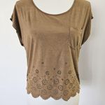 Forever 21 Tan Suedette Laser Cut Short Sleeve Blouse Size Small Photo 1