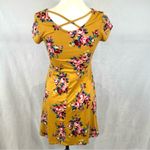 Arizona Jeans Mustard yellow and pink floral cross back jersey knit dress size small Photo 2