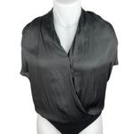 Paige  Dijon Women's Black Short Futter Sleeve V Neck Wrap Bodysuit Blouse Top L Photo 0