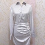 Elegant White Satin Mini Dress with Diamond Buttons & Side Zipper – Long Sleeve, Ruched Waist, Size Small Photo 1