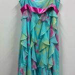 BCBGMAXAZRIA  Silk Y2K Teal Print Pink Bow Ruffled Zip Side Spag Strap Dress 10 Photo 11