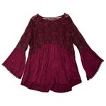 Signature 1 Studio Womens Babydoll Top Lace Burgundy Bell Sleeves Plus Sz 1X Y2K Red Photo 0