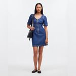 Madewell  Dress Denim Darted Mini Zip-Front Short Sleeve Size 0 Puff Sleeve Women Photo 4