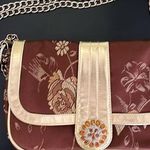 Newport News  Ladies Purse Embroidered Brown Gold Rhinestone Pendant on Snap Photo 0