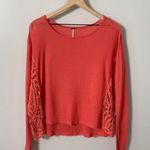 Free People Sz XS Coral Sweater W Crochet Lace Sides  Lightweight & Comfy Photo 0