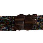 Vintage Beaded Wide Stretch Belt Carved Wood Buckle Boho Y2K Whimsy Hippie Photo 0